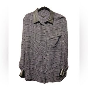 Rag & Bone Silk Leather Trim Plaid Black Tunic Top